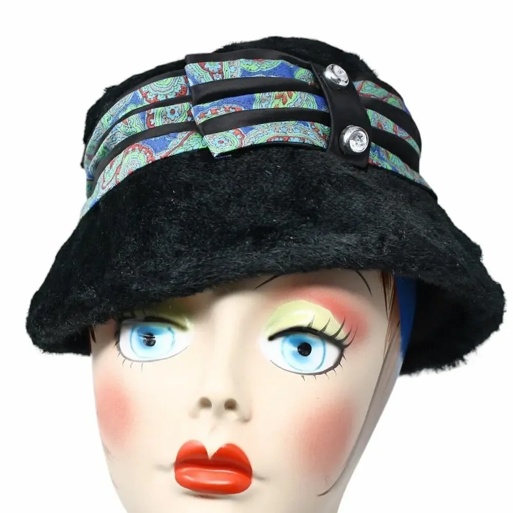 Vintage Black Plush Bucket Hat w Paisley Black Satin Trim and Bow - Hey Viv